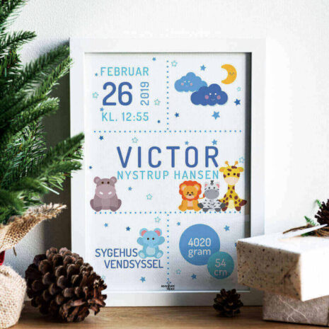 afrikas-dyr-blå-ramme-jul Navneplakat med afrikas dyr i blålige nuancer ned julebaggrund