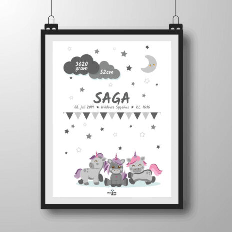 unicorn-grå-ramme Navneplakat med unicorns i grålige nuancer