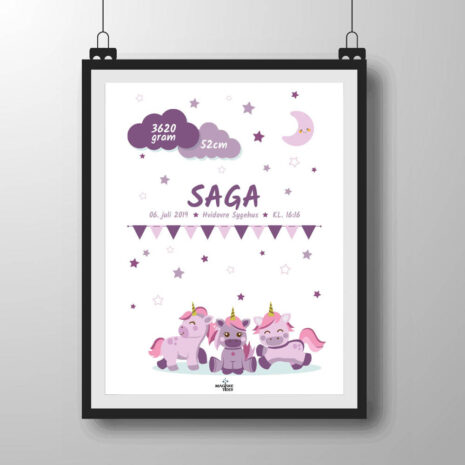 Navneplakat med unicorns i lilla nuancer