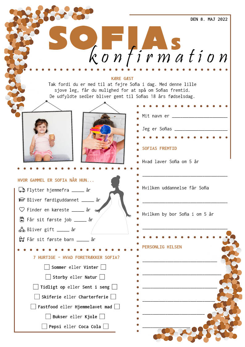 Fremtidsquiz til konfirmation med konfetti i jordfarver