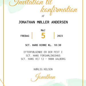 Invitation til konfirmation i design med vandfarve i grønne nuancer