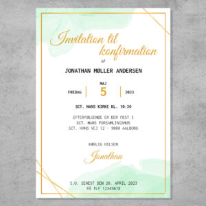 Invitation til konfirmation i design med vandfarve i grønne nuancer