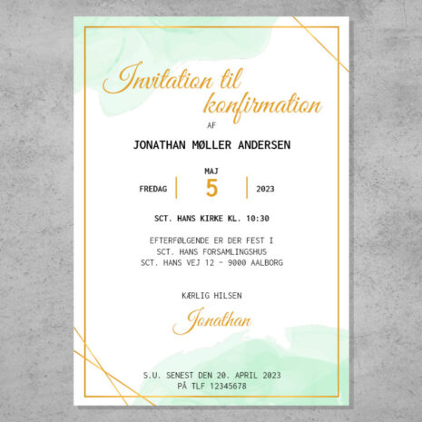 Invitation til konfirmation i design med vandfarve i grønne nuancer