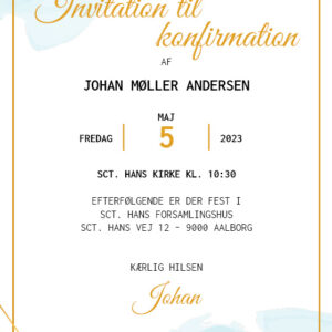 Invitation til konfirmation i design med vandfarve i blå nuancer