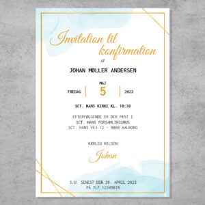 Invitation til konfirmation i design med vandfarve i blå nuancer