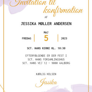 Invitation til konfirmation i design med vandfarve i lilla nuancer