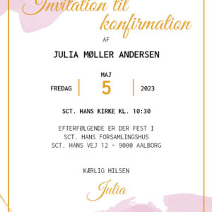 Invitation til konfirmation i design med vandfarve i pink nuancer