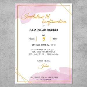 Invitation til konfirmation i design med vandfarve i pink nuancer