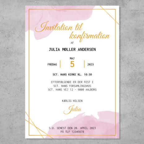 Invitation til konfirmation i design med vandfarve i pink nuancer