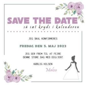 Save the date kort til konfirmation med lilla blomster