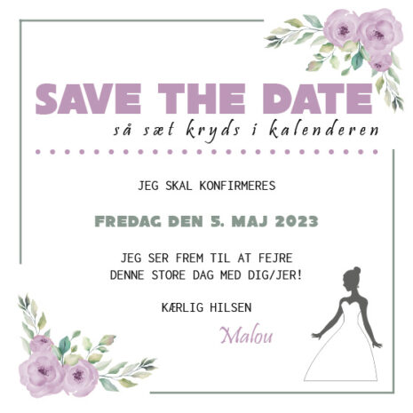 save the date_blomst-lilla_pige Save the date kort til konfirmation med lilla blomster