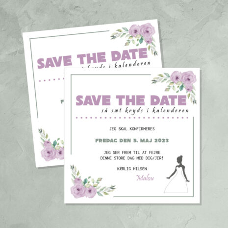 Save the date kort til konfirmation med lilla blomster