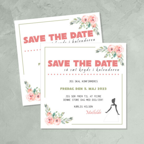 Save the date kort til konfirmation med rosa blomster