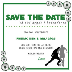 Save the date kort til konfirmation med fodbold tema