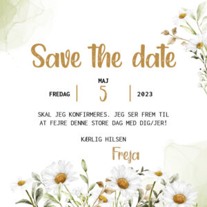 Save the date kort til konfirmation med margueritter