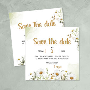 Save the date kort til konfirmation med margueritter