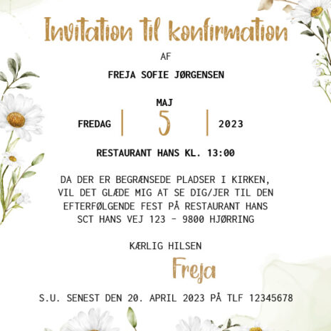 invitation (uden kirke)_Marguerit_uni Invitation til konfirmation med margueritter