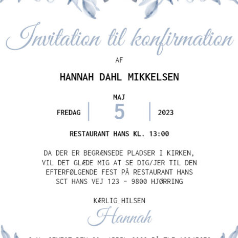 invitation (uden kirke)_blå blomst_pige Invitation til konfirmation med blå blomst