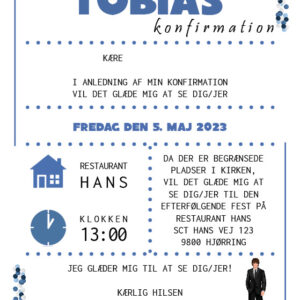 Invitation til konfirmation med blå konfetti