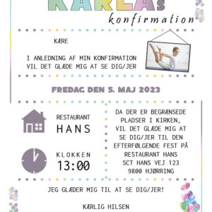 Invitation til konfirmation med konfetti i pastel regnbue