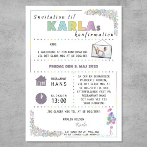 Invitation til konfirmation med konfetti i pastel regnbue