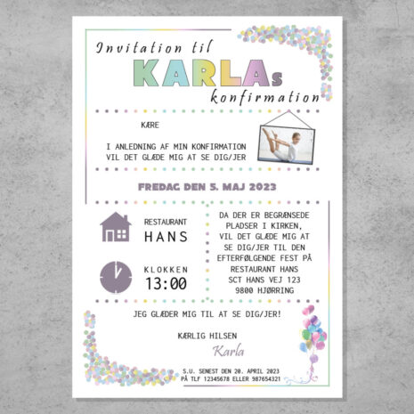 Invitation til konfirmation med konfetti i pastel regnbue