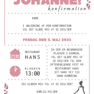 Invitation til konfirmation med rosa konfetti