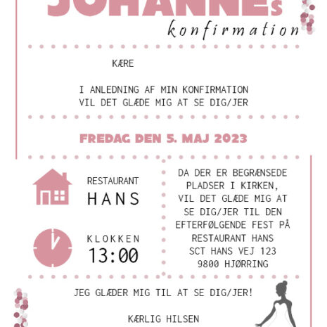 invitation (uden kirke)_konfetti-rosa_pige Invitation til konfirmation med rosa konfetti