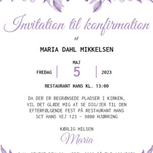 Invitation til konfirmation med lilla blomst