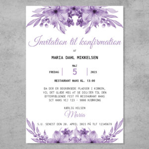 Invitation til konfirmation med lilla blomst