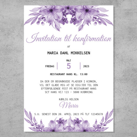 Invitation til konfirmation med lilla blomst