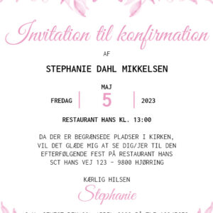 Invitation til konfirmation med lyserød blomst