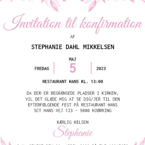 invitation (uden kirke)_lyserød blomst_pige Invitation til konfirmation med lyserød blomst
