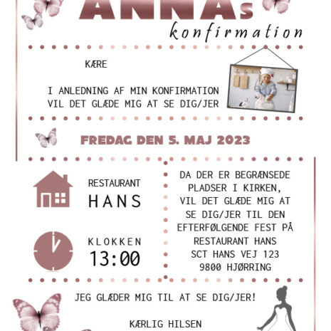 invitation (uden kirke)_rosegold_pige Invitation til konfirmation i rosegold tema