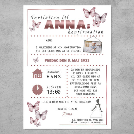 Invitation til konfirmation i rosegold tema