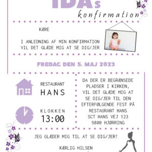 Invitation til konfirmation med lyselilla sommerfugle