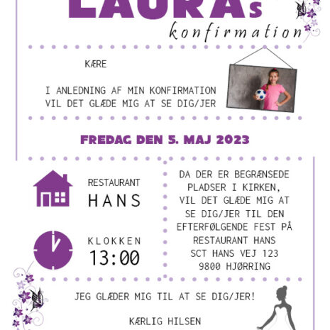 invitation (uden kirke)_sommerfugl_pige Invitation til konfirmation med lilla sommerfugle