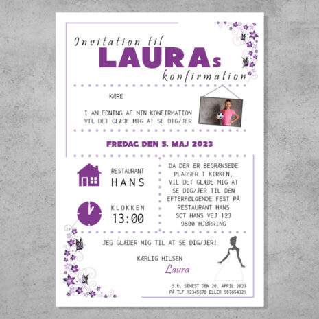 invitation (uden kirke)_sommerfugl_pige-ramme Invitation til konfirmation med lilla sommerfugle