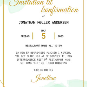 Invitation til konfirmation i design med vandfarve i grønne nuancer