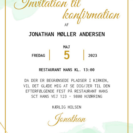 invitation (uden kirke)_vandfarve-grøn_uni Invitation til konfirmation i design med vandfarve i grønne nuancer