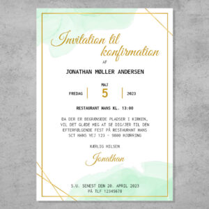 Invitation til konfirmation i design med vandfarve i grønne nuancer