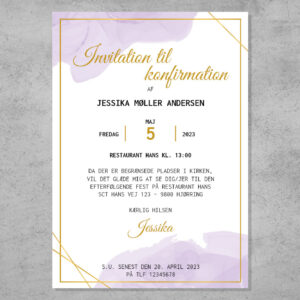 Invitation til konfirmation i design med vandfarve i lilla nuancer