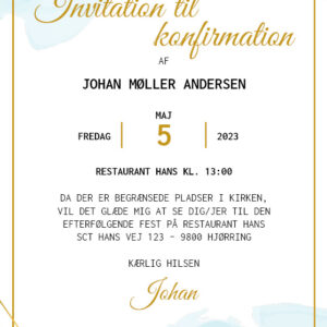 Invitation til konfirmation i design med vandfarve i blå nuancer