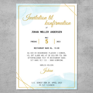 Invitation til konfirmation i design med vandfarve i blå nuancer