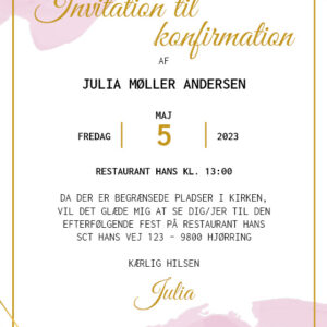 Invitation til konfirmation i design med vandfarve i pink nuancer