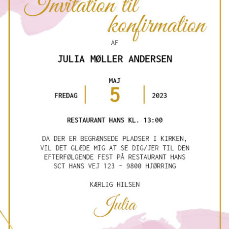 invitation (uden kirke)_vandfarve-lyserød_uni Invitation til konfirmation i design med vandfarve i pink nuancer