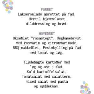 Menukort til konfirmation med konfetti i pastel regnbue