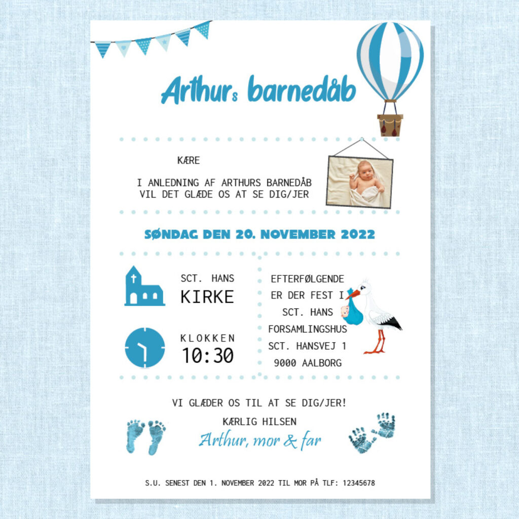 Invitation | Barnedåb | Luftballon - blå nuancer ⋆ Magiske Tider