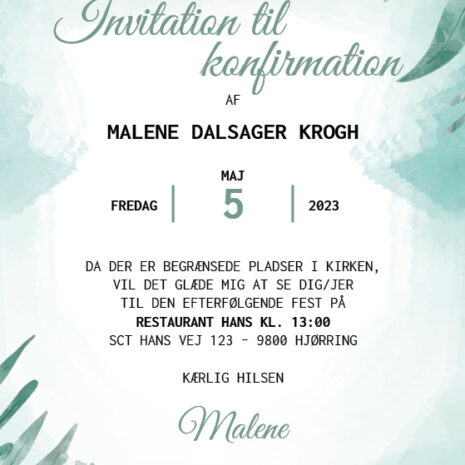 invitation (uden kirke)_grønne blade_uni Invitation til konfirmation i grønt bladdesign
