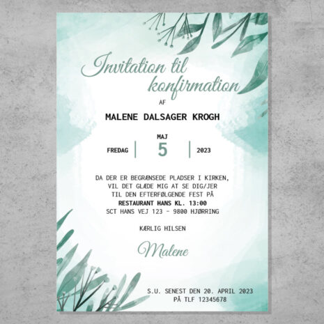 Invitation til konfirmation i grønt bladdesign